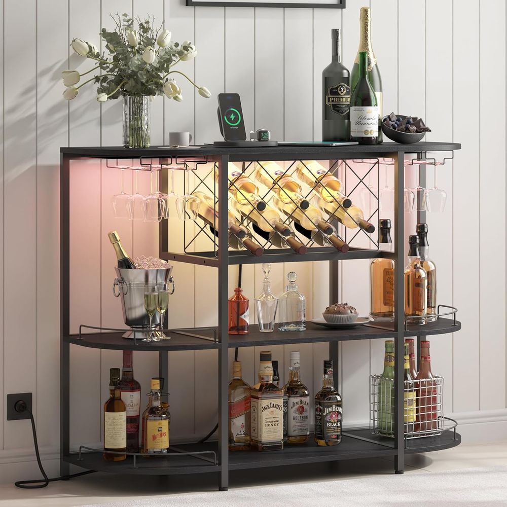 Home Bar And Kitchen - Zwarte 3-laags salontafel met wijnrek, stopcontact