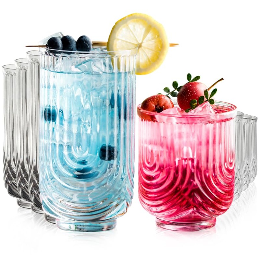Highball Glass Set - Art Deco Cocktailglazen, Geribbelde Drinkglazen Set
