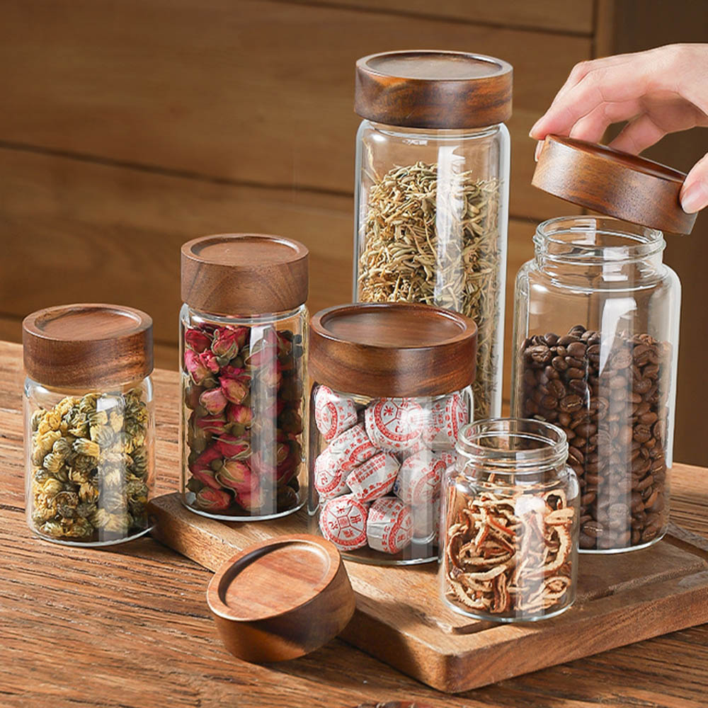 Highball Glass Set - Hoge Borosilicaatglas Met Deksels Opslagtank Acaciahout